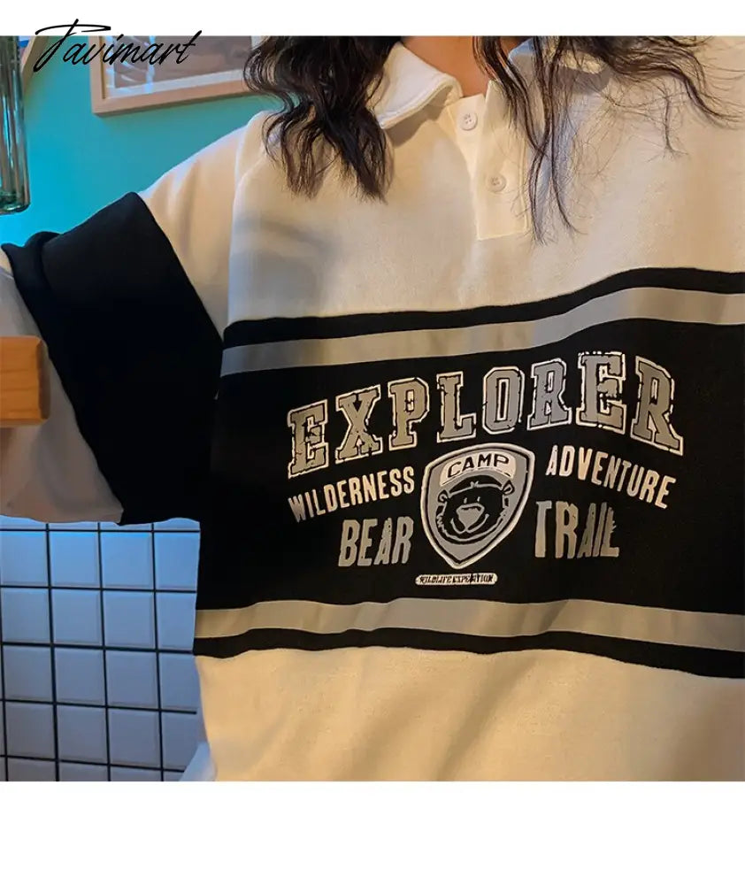 Vintage College Sweatshirts Women Teens Bear Letter Print Long Sleeve Polo Collar y2k Aesthetic Streetwear