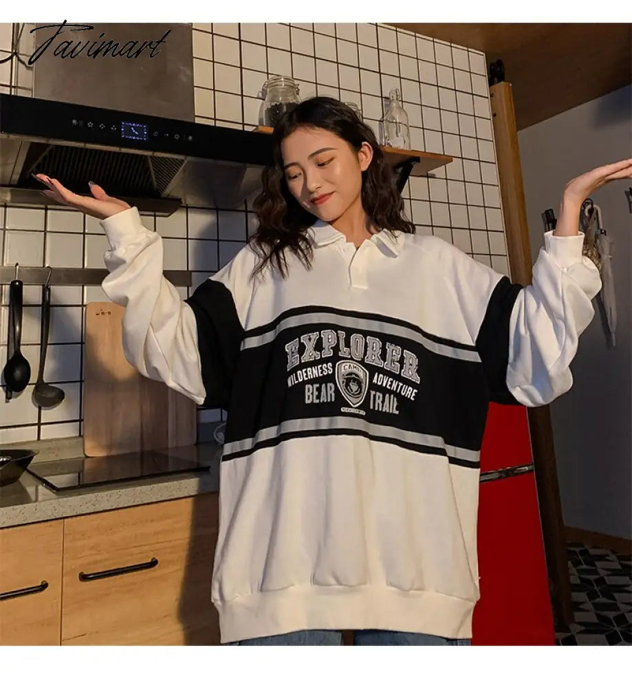 Vintage College Sweatshirts Women Teens Bear Letter Print Long Sleeve Polo Collar y2k Aesthetic Streetwear