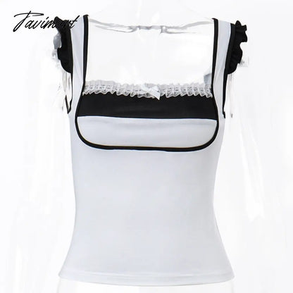 Vintage Cute Lace Trim Milkmaid Tops 2000s Retro Aesthetic Square Collar Sleeveless Crop Tops Y2K Fairy Grunge Tank Vest Clothes