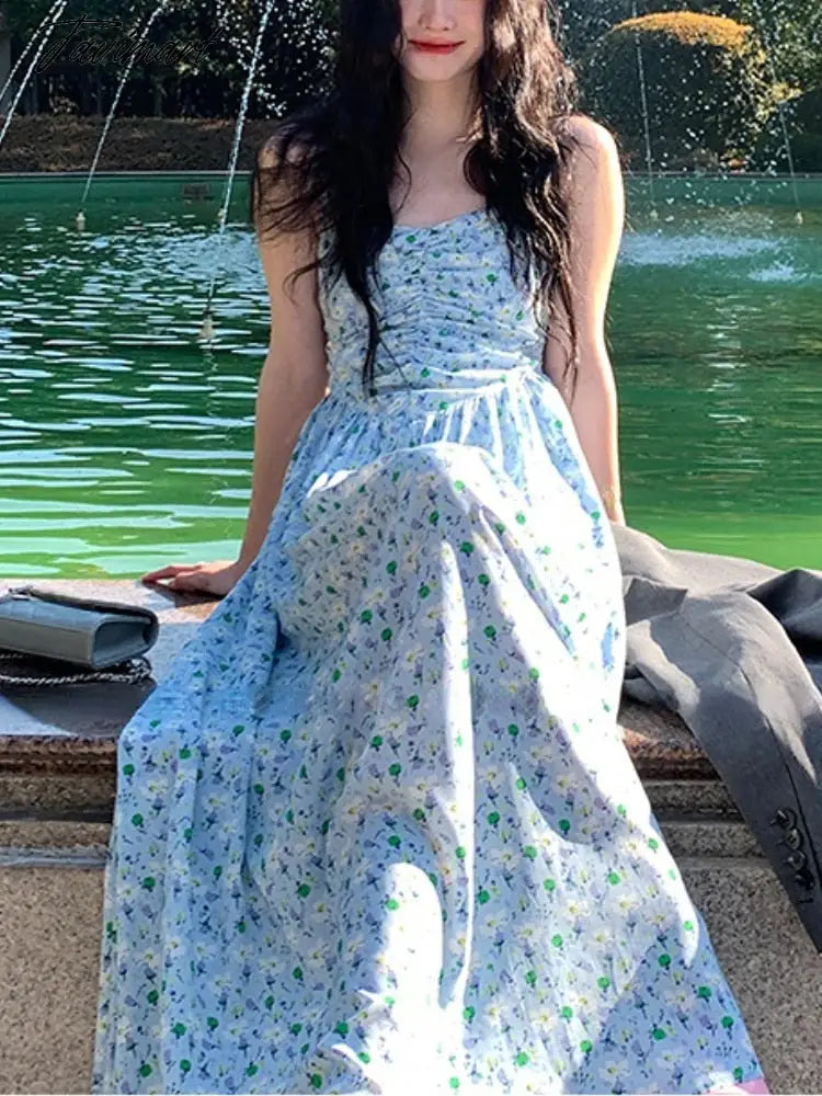 Vintage Elegant Floral Print Midi Dress Women Beach Holiday Dress Korean Sweet Sleeveless Party Dress Women Summer Chic