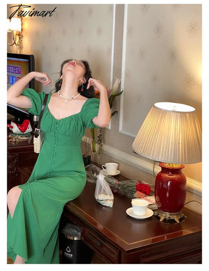 Vintage Evening Party Midi Dresses Ladies Solid Korean Fashion Elegant Split Dress Hepburn Summer Casual Clothes for Women