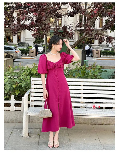 Vintage Evening Party Midi Dresses Ladies Solid Korean Fashion Elegant Split Dress Hepburn Summer Casual Clothes for Women