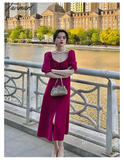 Vintage Evening Party Midi Dresses Ladies Solid Korean Fashion Elegant Split Dress Hepburn Summer Casual Clothes for Women
