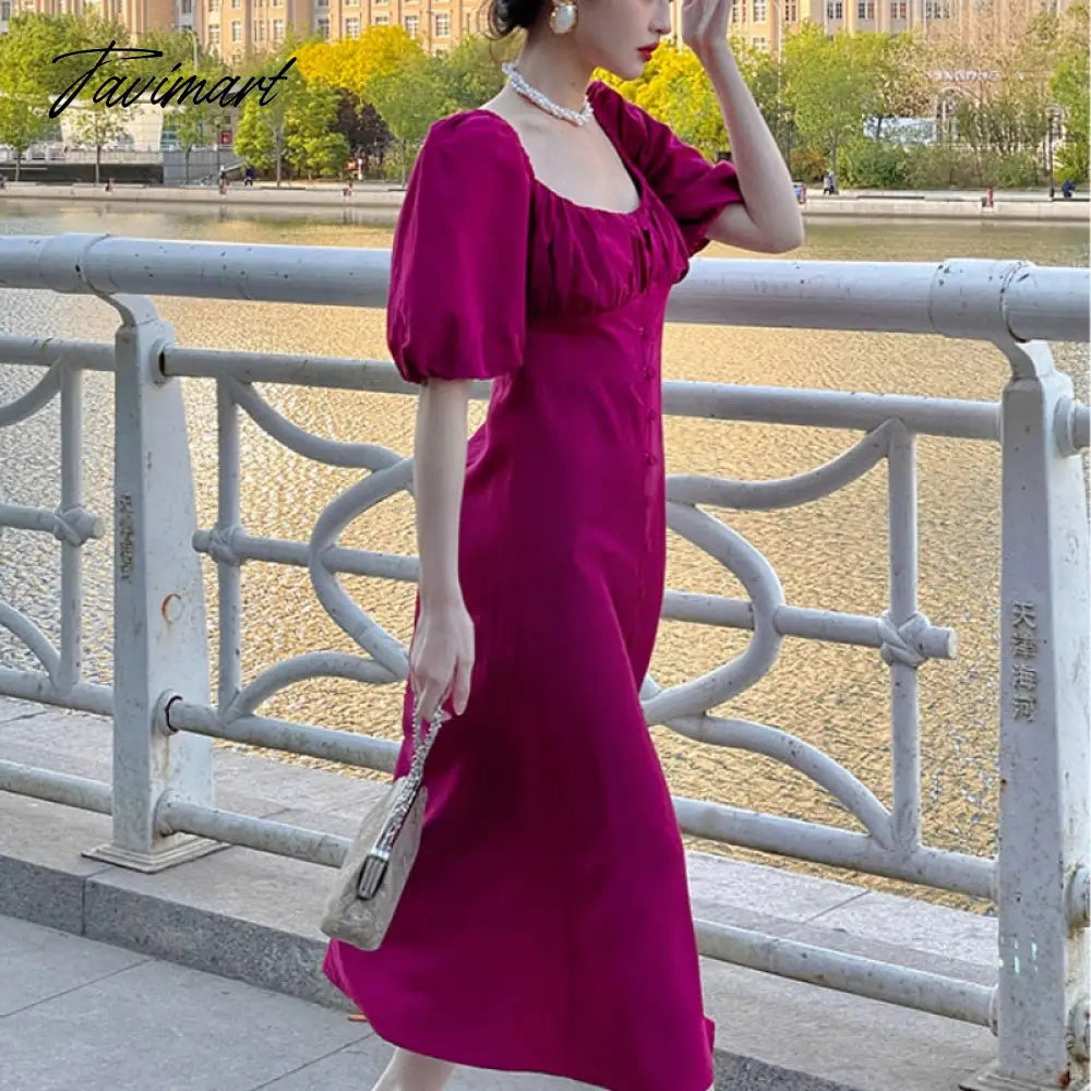 Vintage Evening Party Midi Dresses Ladies Solid Korean Fashion Elegant Split Dress Hepburn Summer Casual Clothes for Women