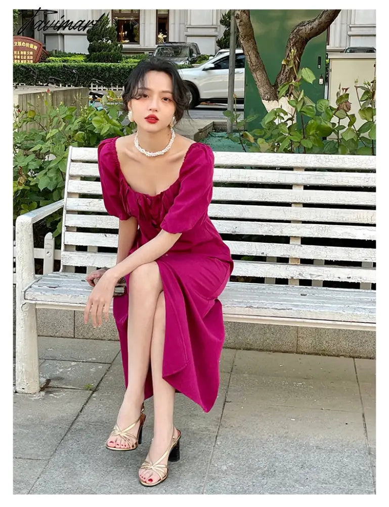 Vintage Evening Party Midi Dresses Ladies Solid Korean Fashion Elegant Split Dress Hepburn Summer Casual Clothes for Women