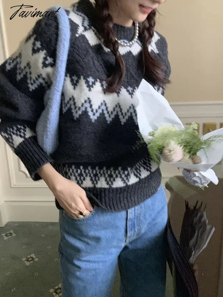 Vintage Fashion Wool O-neck Sweater Mujer Y2k E-Girl Long Sleeve Knitted Tops Autumn Winter New Thicked Warm Pullovers Women