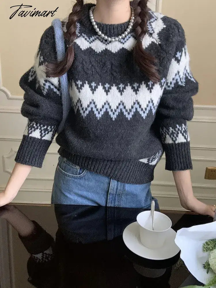 Vintage Fashion Wool O-neck Sweater Mujer Y2k E-Girl Long Sleeve Knitted Tops Autumn Winter New Thicked Warm Pullovers Women