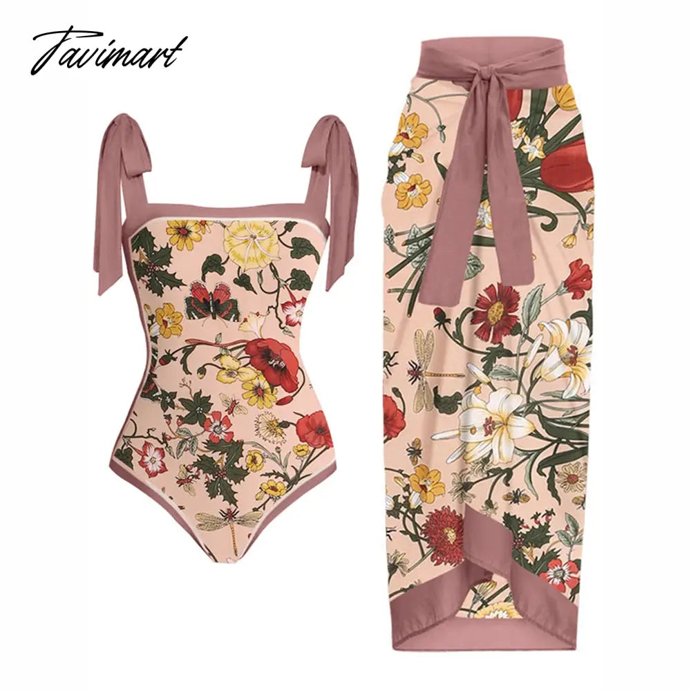 Vintage Floral Print One-Piece Triangle Micro Bikinis Sexy Swimsuit Pink Swimwear Women With Cover Up Summer Beach Luxury