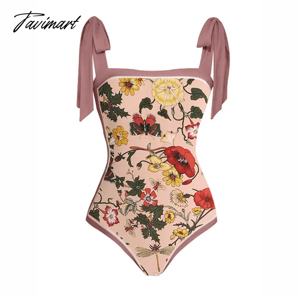 Vintage Floral Print One-Piece Triangle Micro Bikinis Sexy Swimsuit Pink Swimwear Women With Cover Up Summer Beach Luxury