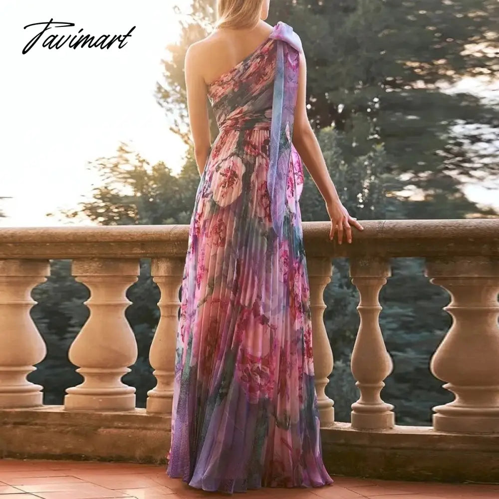 Vintage Flower Print Long Dress Women Fashion Diagonal Collar Lace-up Backless Party Dress Ladies Temperament Slim Pleated Dress