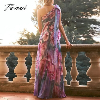 Vintage Flower Print Long Dress Women Fashion Diagonal Collar Lace-up Backless Party Dress Ladies Temperament Slim Pleated Dress