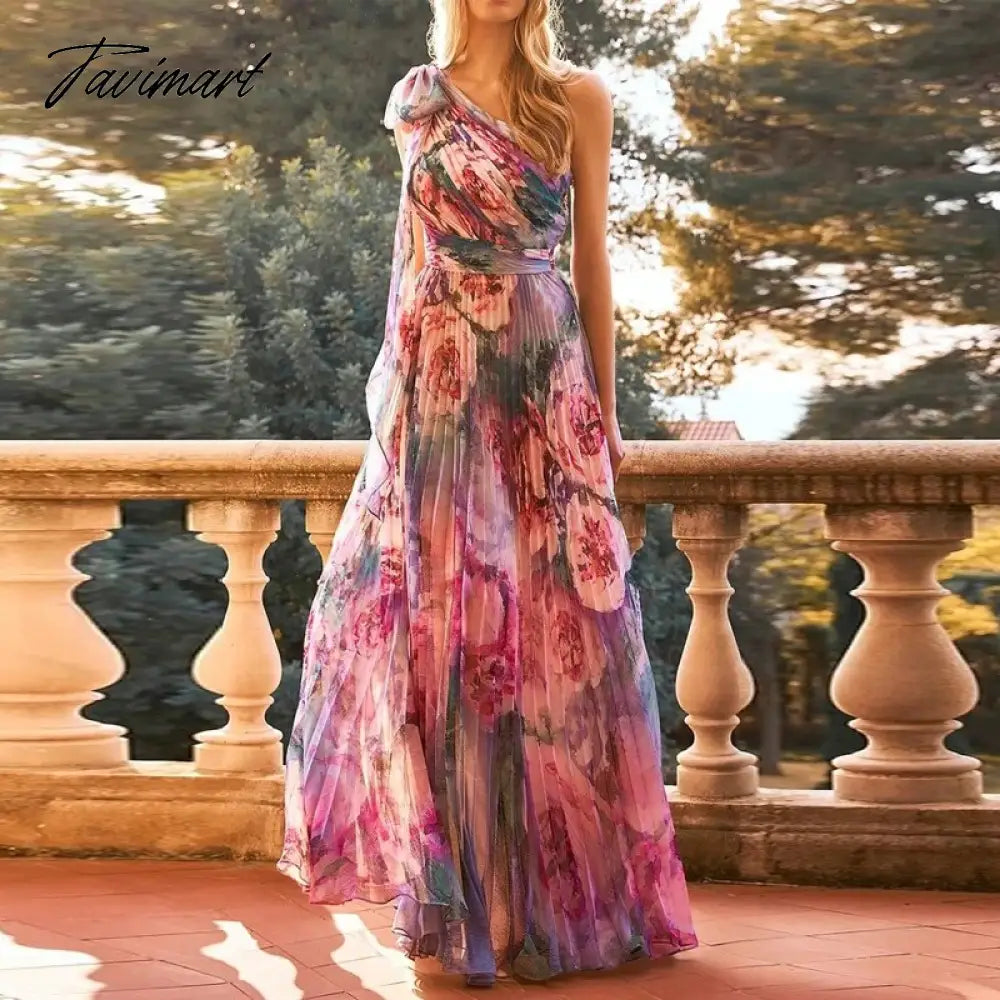 Vintage Flower Print Long Dress Women Fashion Diagonal Collar Lace-up Backless Party Dress Ladies Temperament Slim Pleated Dress