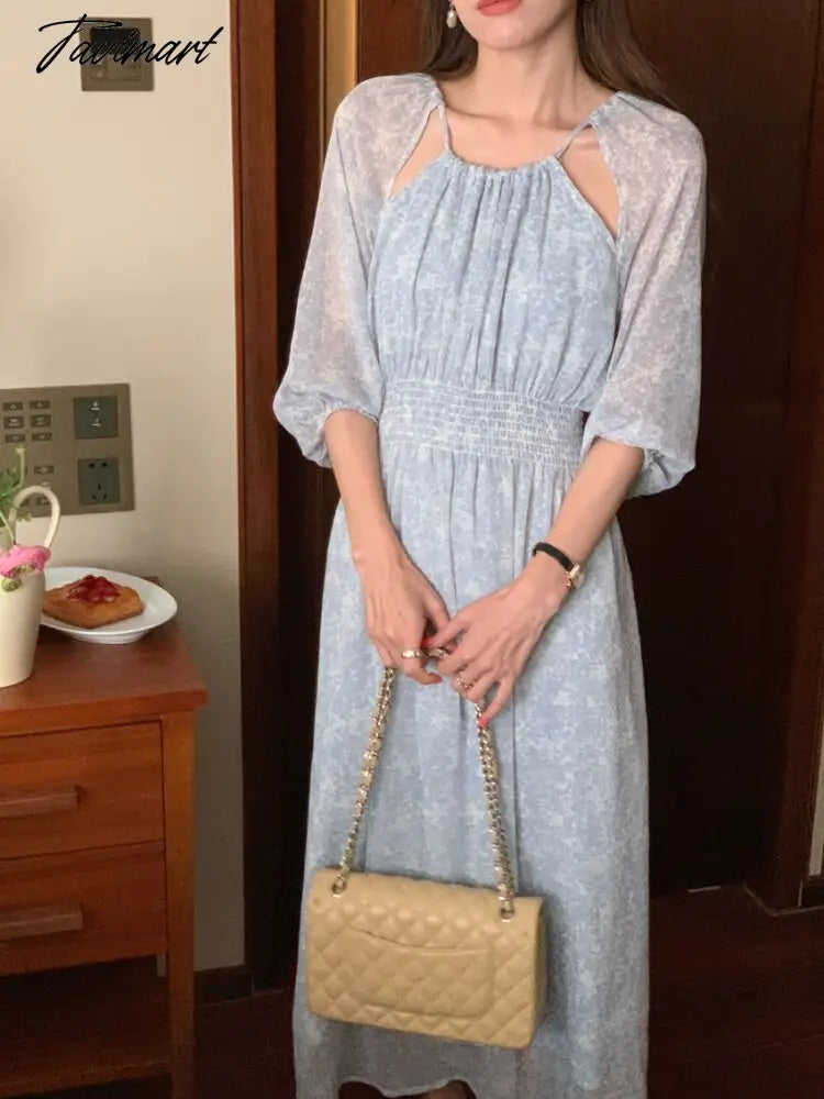 Vintage Gentle Robe Off-shoulder Design Dress Chiffon Floral Waist Mid-length Dresses for Women Female Vestidos