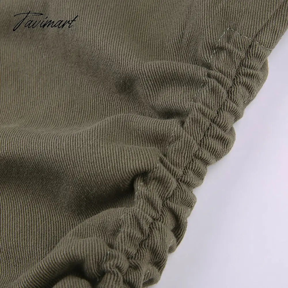 Vintage Green Cargo Pants Jeans Slim Drawstring Lace Pockets Casual Retro Fall High Waist Clothes Women