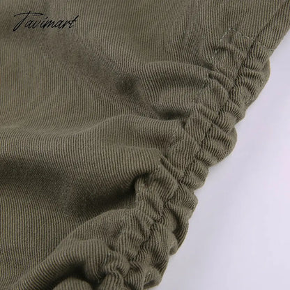 Vintage Green Cargo Pants Jeans Slim Drawstring Lace Pockets Casual Retro Fall High Waist Clothes Women
