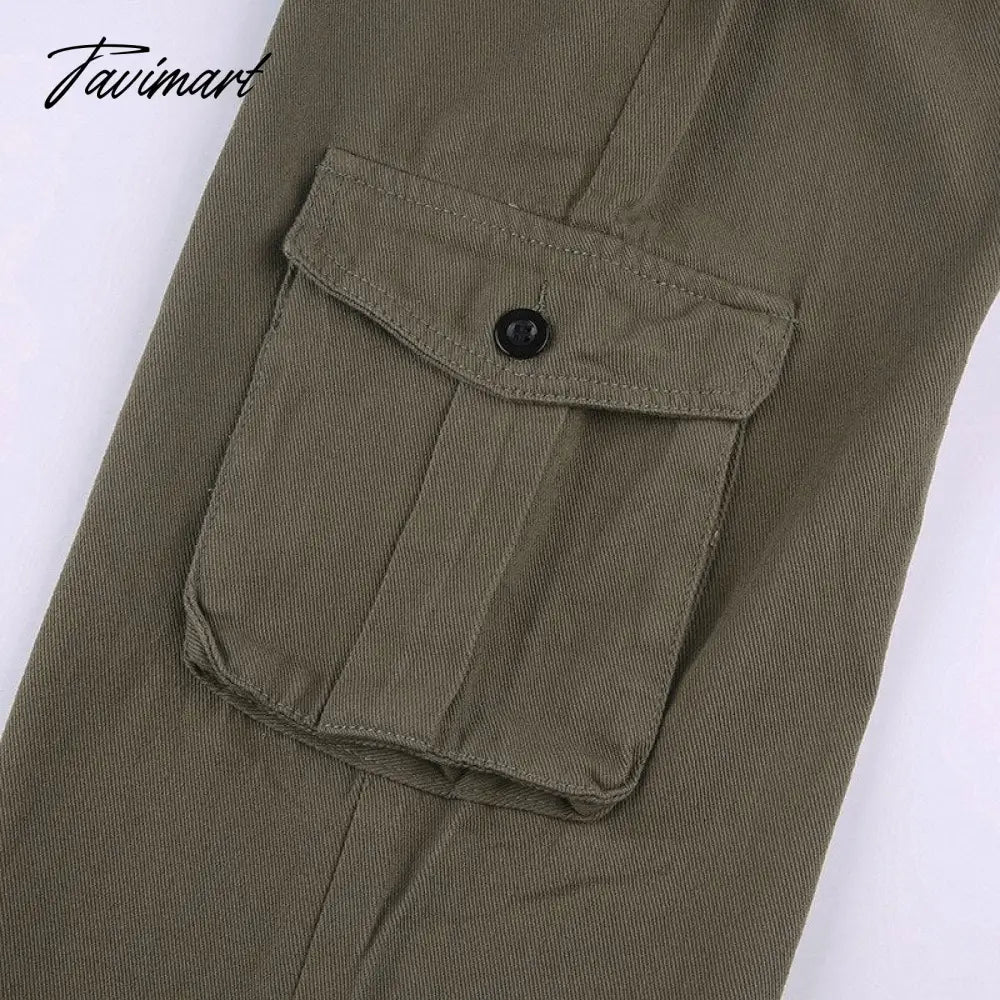 Vintage Green Cargo Pants Jeans Slim Drawstring Lace Pockets Casual Retro Fall High Waist Clothes Women