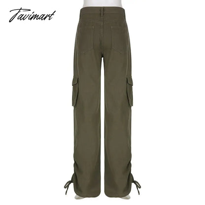 Vintage Green Cargo Pants Jeans Slim Drawstring Lace Pockets Casual Retro Fall High Waist Clothes Women