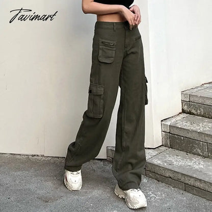 Vintage Green Cargo Pants Jeans Slim Drawstring Lace Pockets Casual Retro Fall High Waist Clothes Women