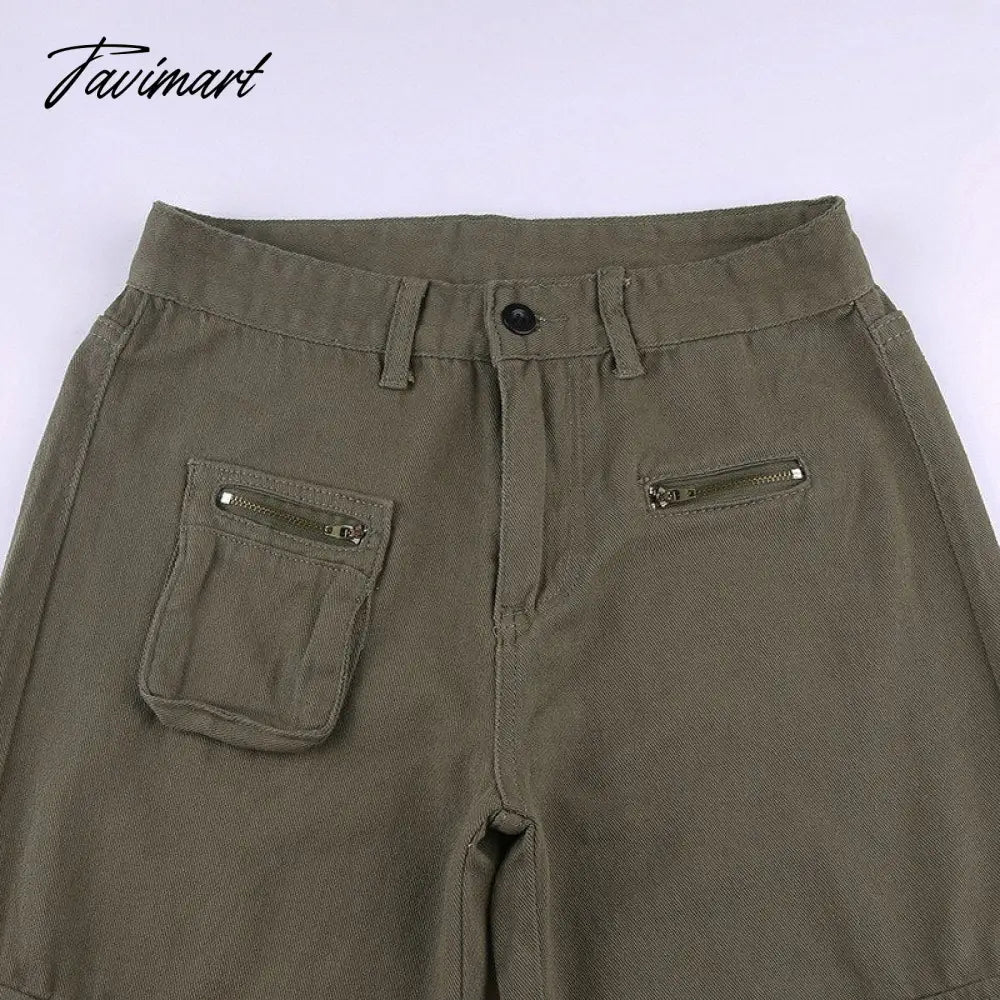 Vintage Green Cargo Pants Jeans Slim Drawstring Lace Pockets Casual Retro Fall High Waist Clothes Women