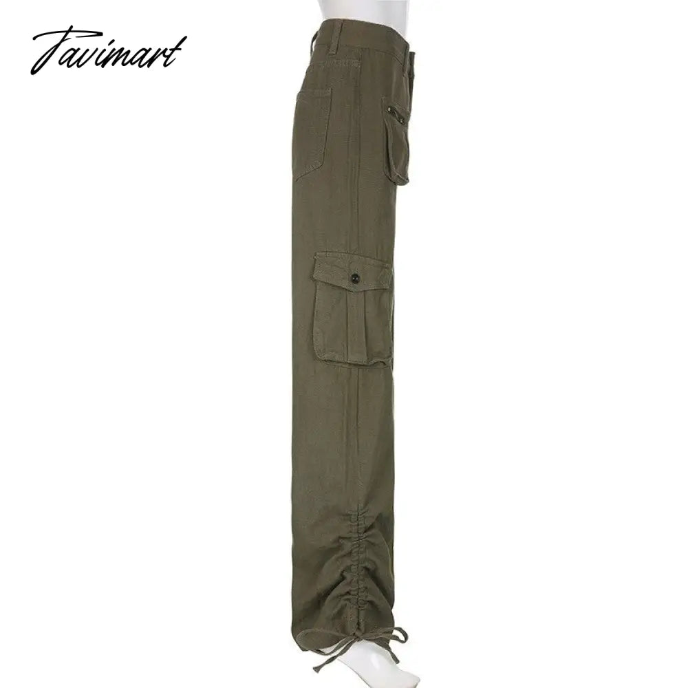 Vintage Green Cargo Pants Jeans Slim Drawstring Lace Pockets Casual Retro Fall High Waist Clothes Women