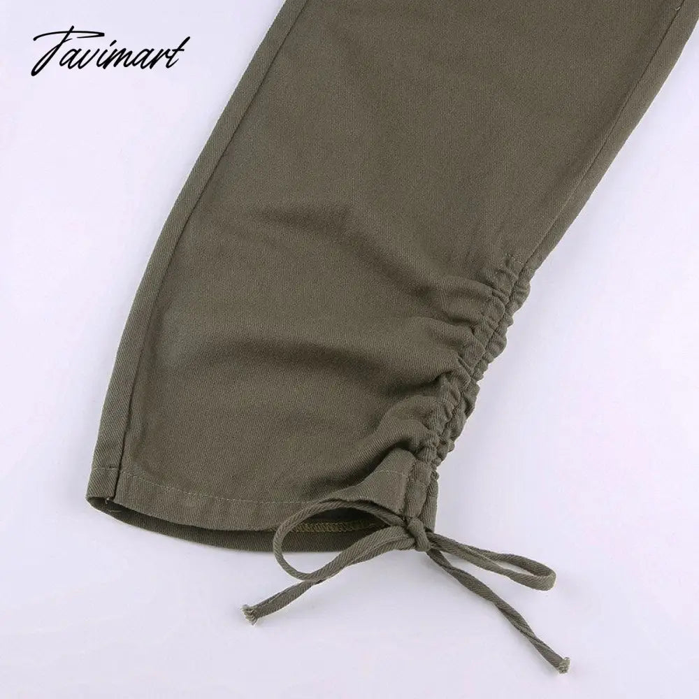 Vintage Green Cargo Pants Jeans Slim Drawstring Lace Pockets Casual Retro Fall High Waist Clothes Women