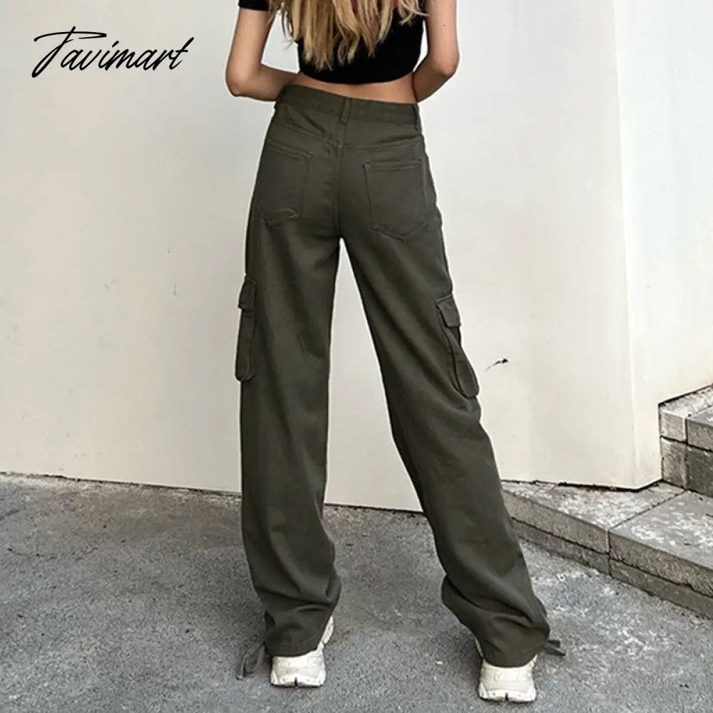 Vintage Green Cargo Pants Jeans Slim Drawstring Lace Pockets Casual Retro Fall High Waist Clothes Women