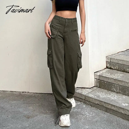 Vintage Green Cargo Pants Jeans Slim Drawstring Lace Pockets Casual Retro Fall High Waist Clothes Women