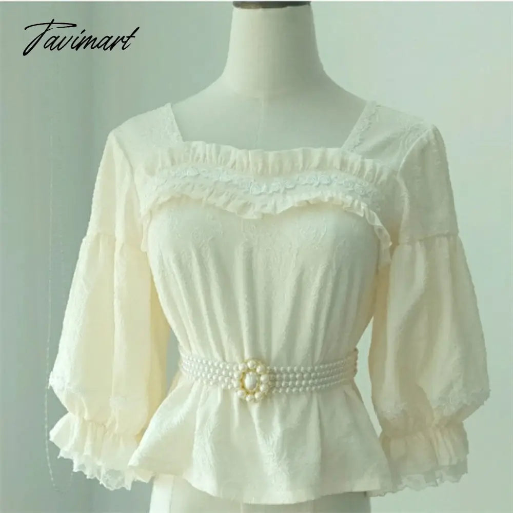 Vintage Kawaii Lolita Shirt Square Neck Half Sleeve Retro Feminine Shirts Summer Yellow Green White Lolitas Top 2xl