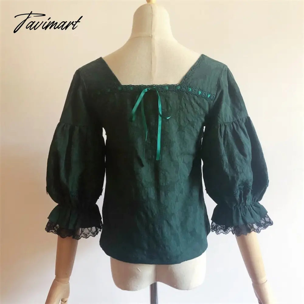 Vintage Kawaii Lolita Shirt Square Neck Half Sleeve Retro Feminine Shirts Summer Yellow Green White Lolitas Top 2xl