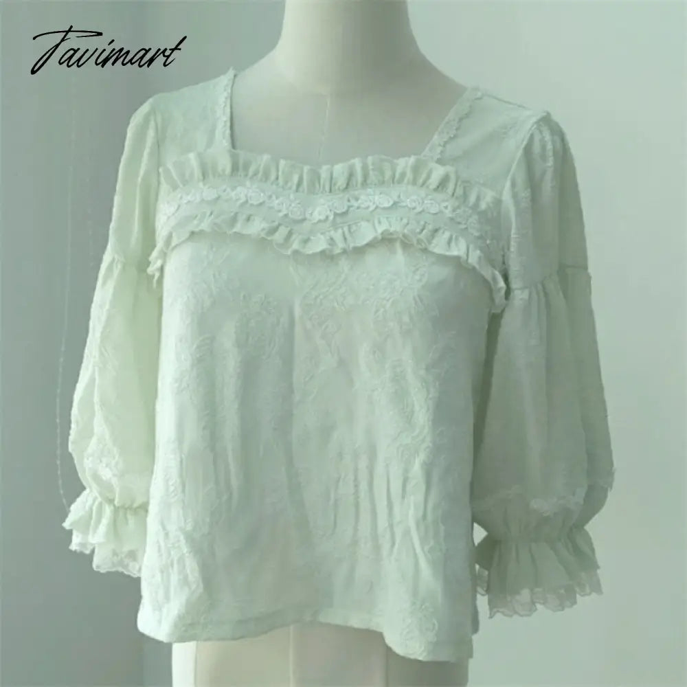 Vintage Kawaii Lolita Shirt Square Neck Half Sleeve Retro Feminine Shirts Summer Yellow Green White Lolitas Top 2xl