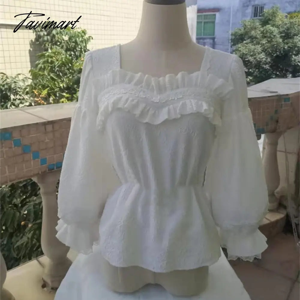 Vintage Kawaii Lolita Shirt Square Neck Half Sleeve Retro Feminine Shirts Summer Yellow Green White Lolitas Top 2xl