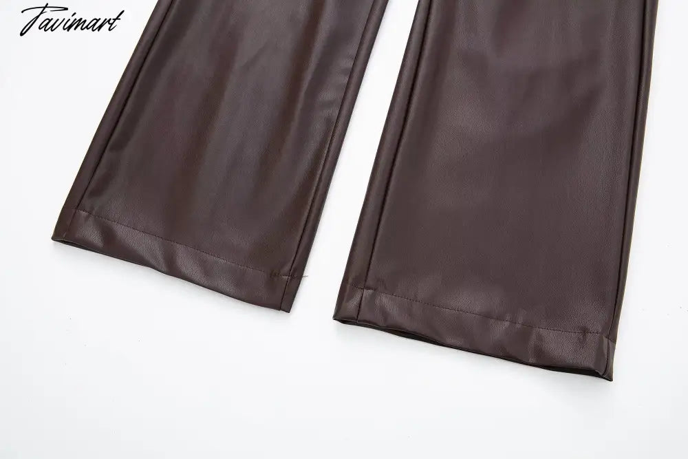 Vintage Pockets Casual Trouser Women Of Side Straight Leather Pants