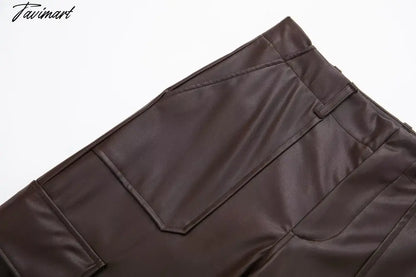 Vintage Pockets Casual Trouser Women Of Side Straight Leather Pants