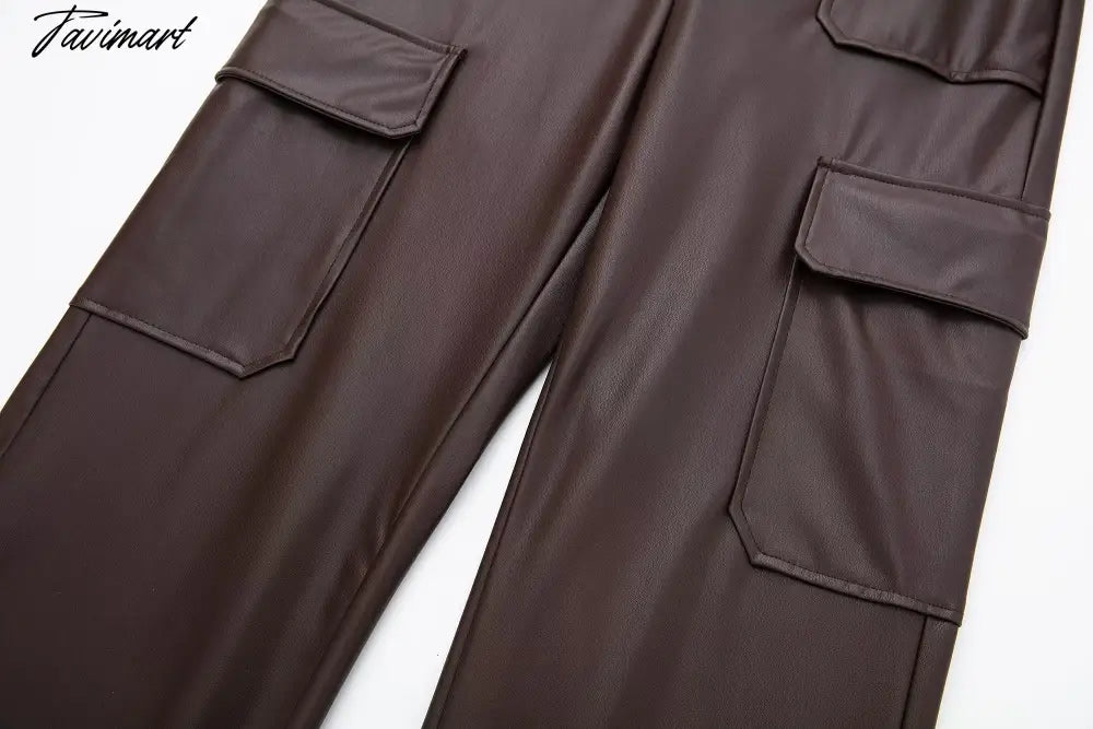 Vintage Pockets Casual Trouser Women Of Side Straight Leather Pants