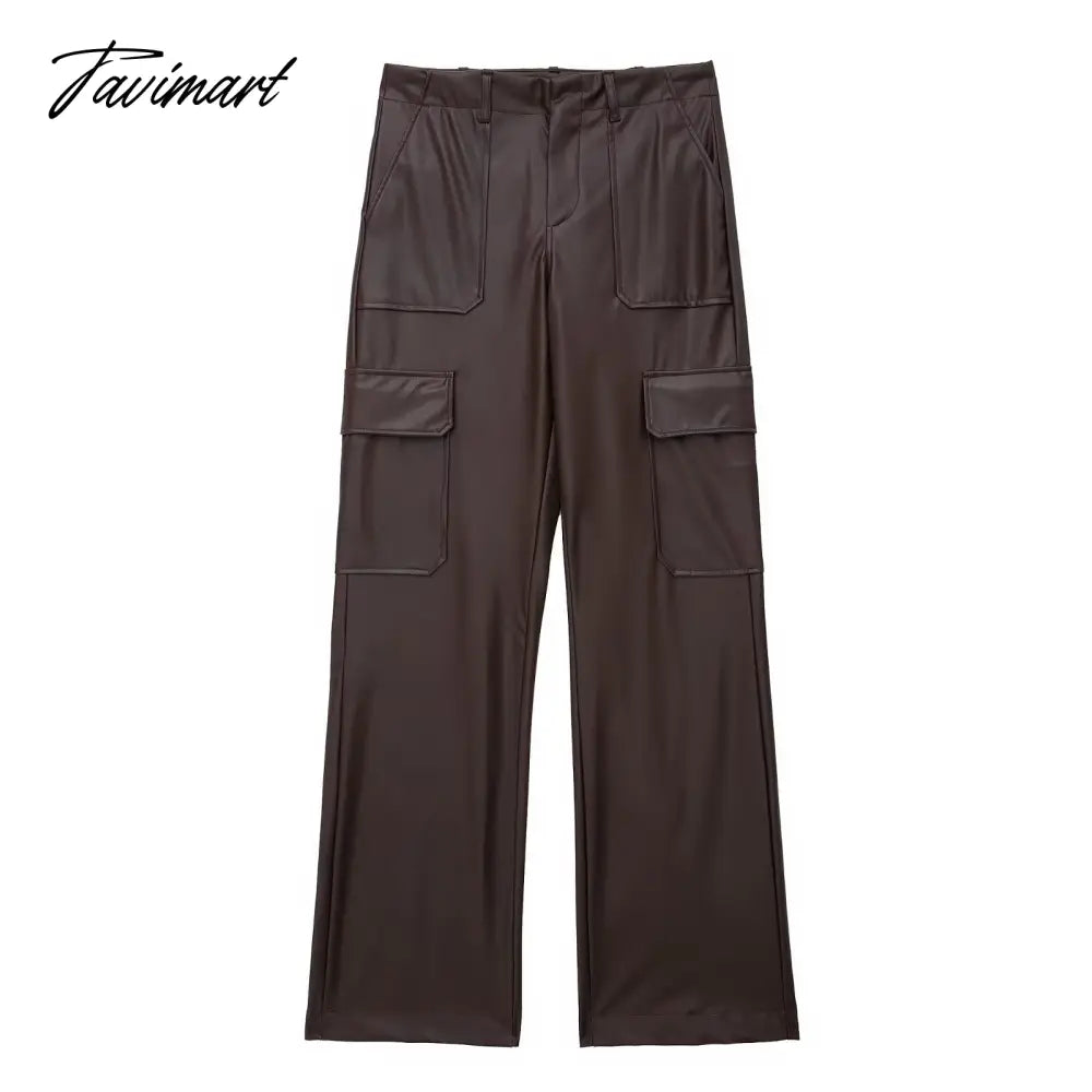 Vintage Pockets Casual Trouser Women Of Side Straight Leather Pants