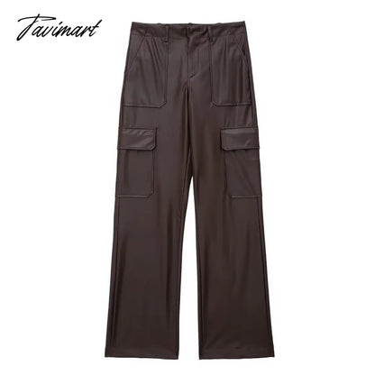 Vintage Pockets Casual Trouser Women Of Side Straight Leather Pants