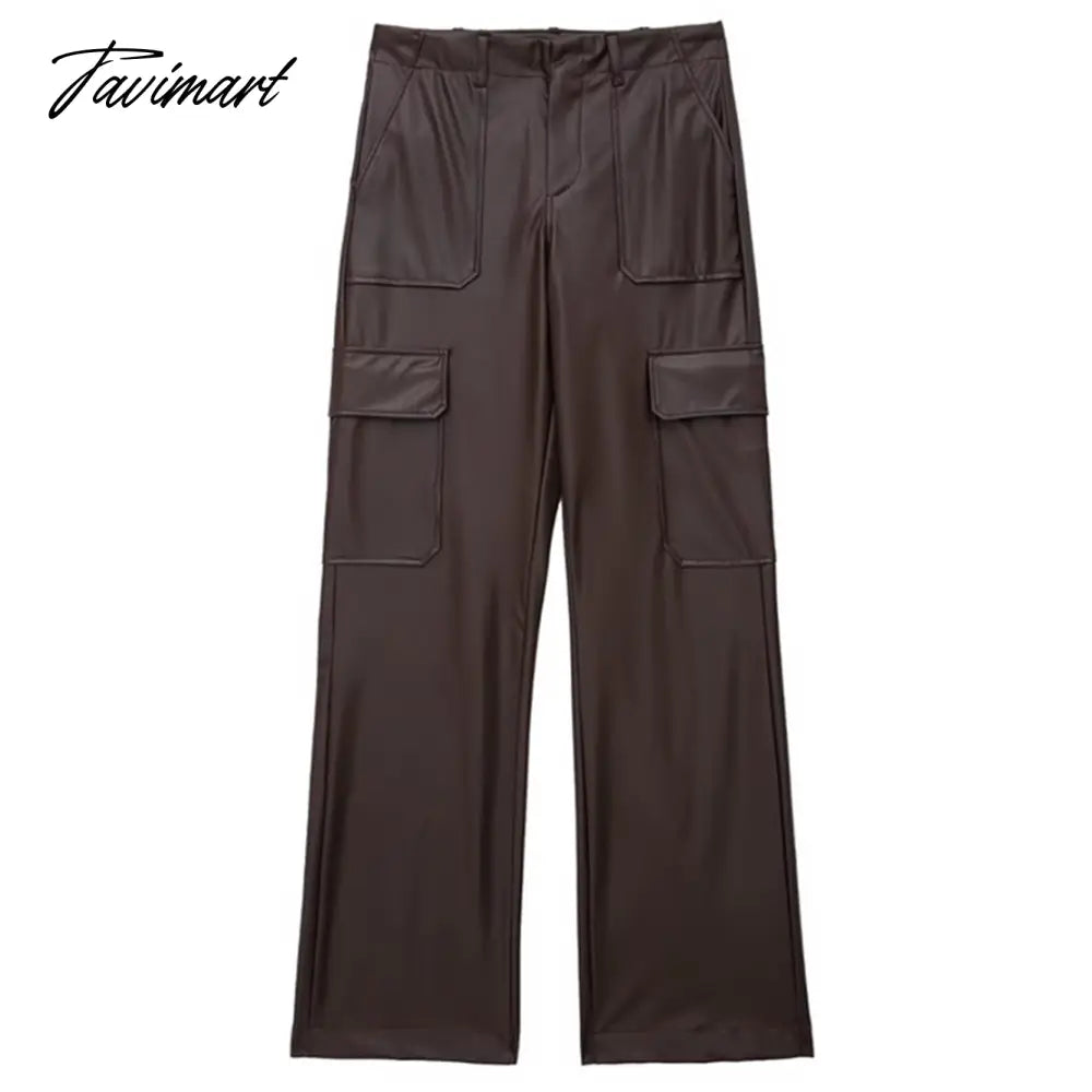 Vintage Pockets Casual Trouser Women Of Side Straight Leather Pants