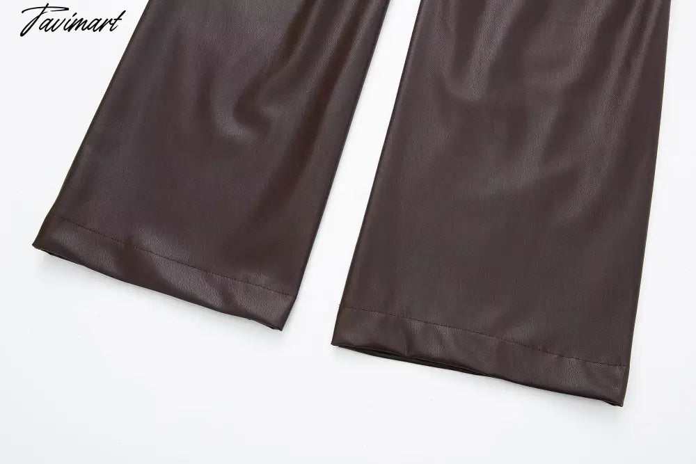 Vintage Pockets Casual Trouser Women Of Side Straight Leather Pants