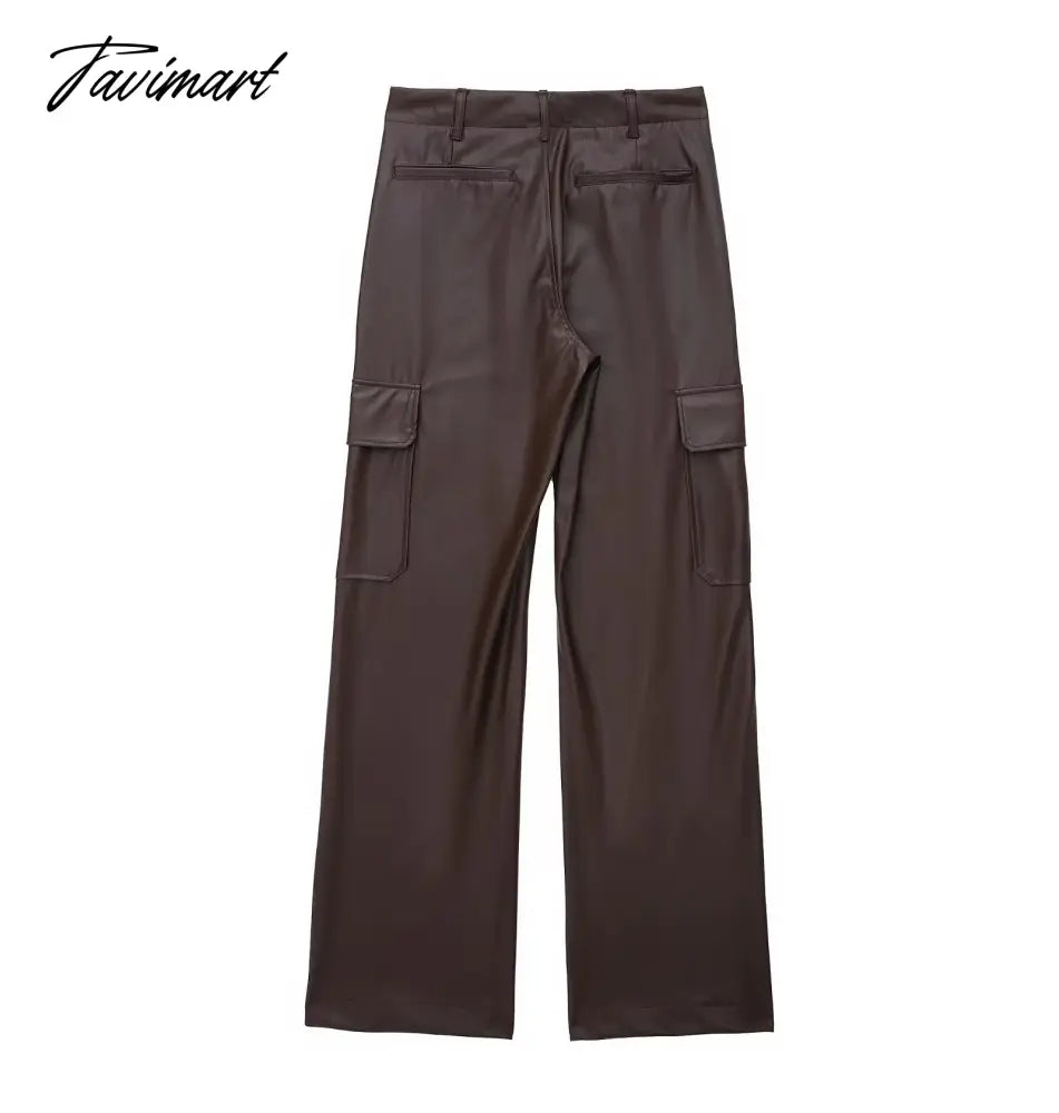 Vintage Pockets Casual Trouser Women Of Side Straight Leather Pants