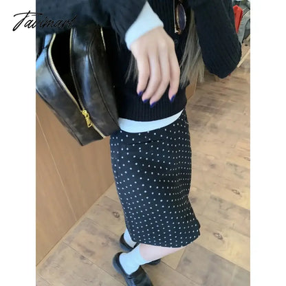 Vintage Polka Dot Printed Casual Black Tweed A-line Skirt Women 2024 Spring New High Waist Sexy Slim All Match Knee-length Skirt