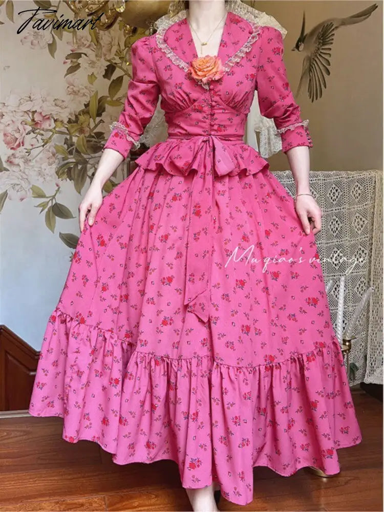 Vintage Princess Pink Flower Long Dress Evening Gowns Spring Wedding Party Dresses Long Sleeve Print Floral Female Vestidos