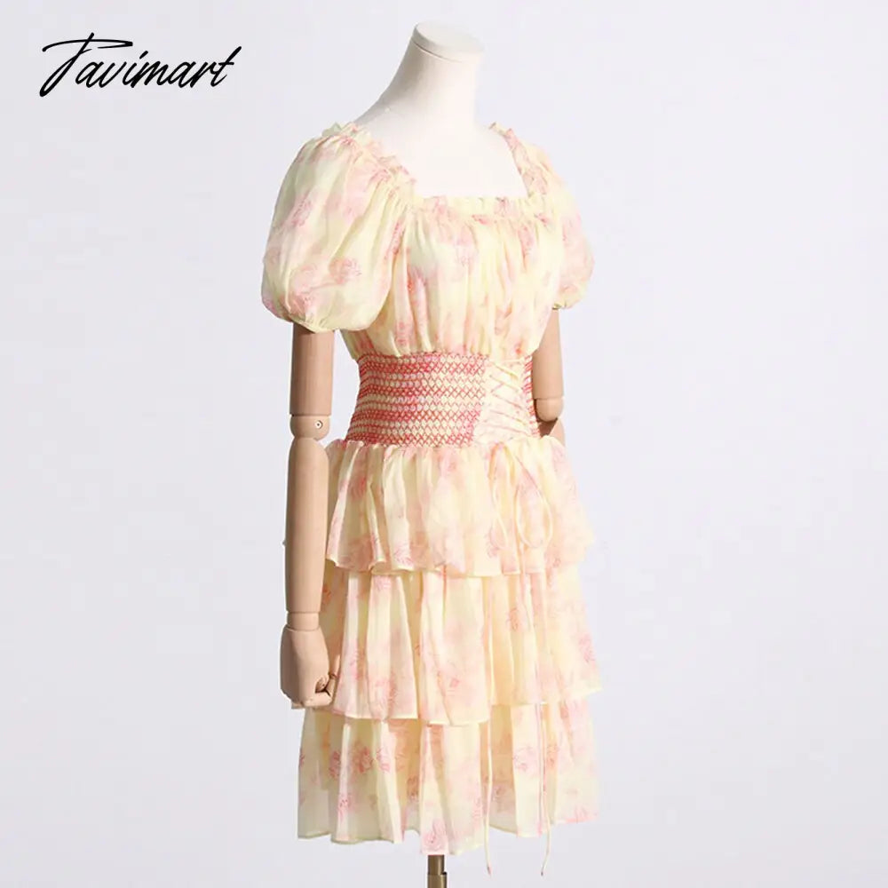 Vintage Print Dress Sweet Women Summer Short Puffed Sleeve Square Collar Waist Strap Ruffled Above Knee Mini Dress Female