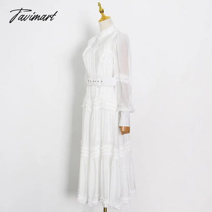 Vintage Single-breasted Dress for Women V-neck Loose Long Sleeve Lace Up Mid-calf Dresses Female Autumn Clothing