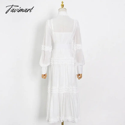 Vintage Single-breasted Dress for Women V-neck Loose Long Sleeve Lace Up Mid-calf Dresses Female Autumn Clothing