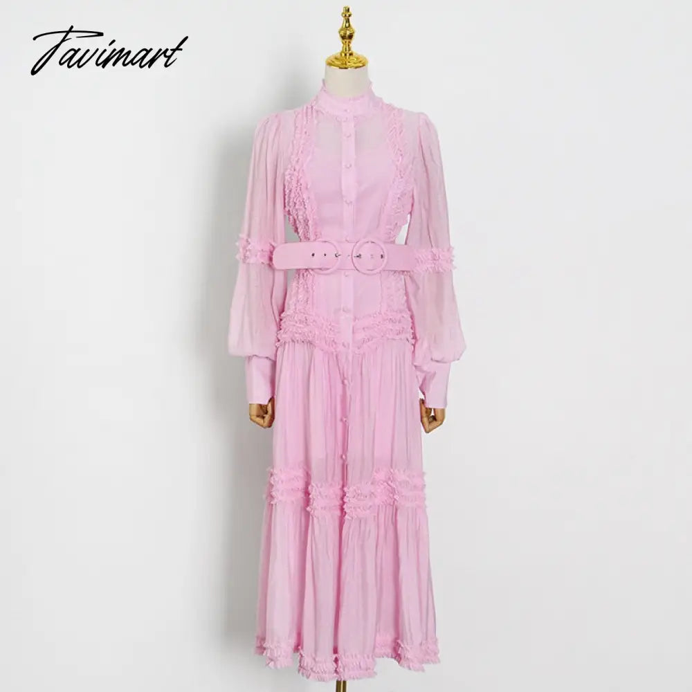 Vintage Single-breasted Dress for Women V-neck Loose Long Sleeve Lace Up Mid-calf Dresses Female Autumn Clothing