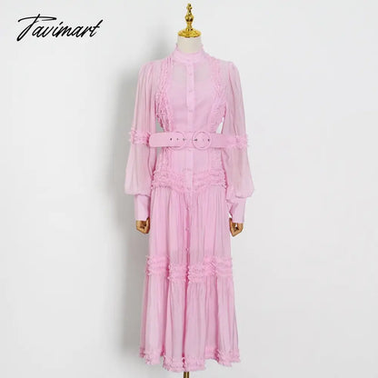 Vintage Single-breasted Dress for Women V-neck Loose Long Sleeve Lace Up Mid-calf Dresses Female Autumn Clothing