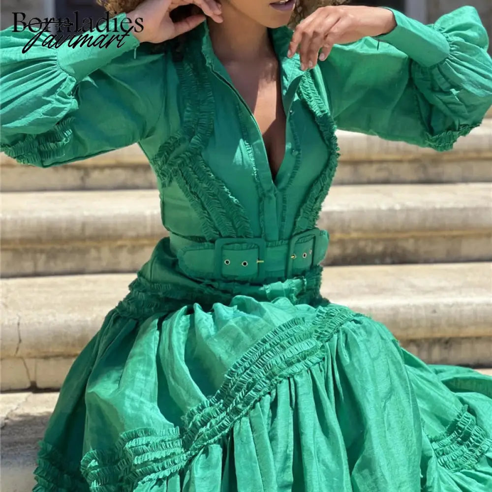 Vintage Single-breasted Dress for Women V-neck Loose Long Sleeve Lace Up Mid-calf Dresses Female Autumn Clothing