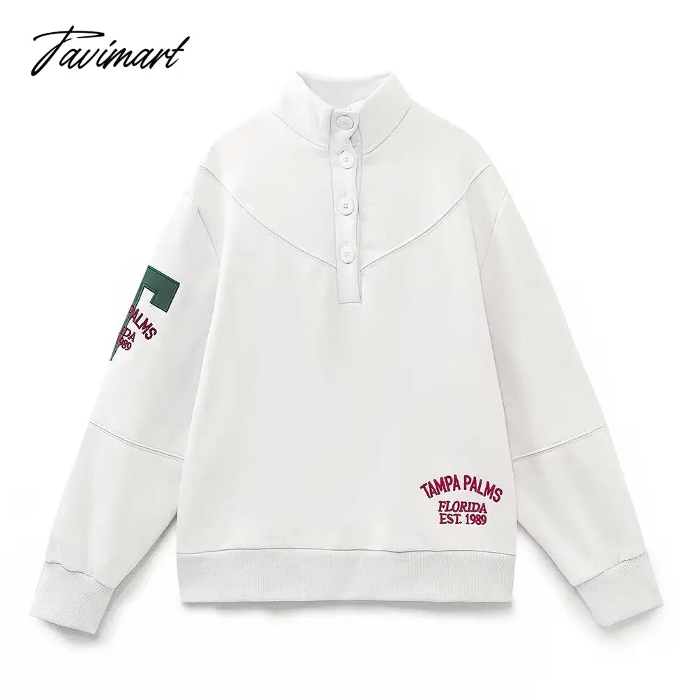 Vintage Turtleneck Letter Embroidery White Pullovers Sweatshirts Plush Women Tops