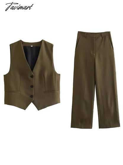 Vintage V-neck Sleeveless Vest Pants Sets Women Single-breasted Straight Top Pants Suits Spring Chic Office Lady Streetwear