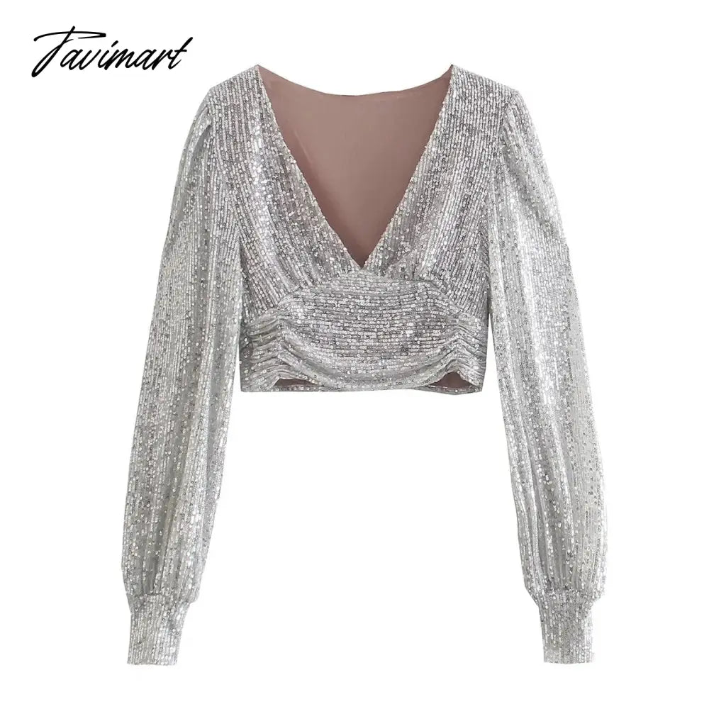Vneck Blusas Long Sleeve Short Shirt Women Blouse Ins Fashion Blogger England Style Sequins Party Blouse Women And Tops